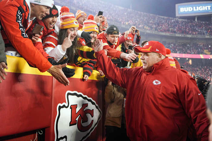 Jan 23, 2022; Kansas City, Missouri, USA; Kansas City Chiefs head coach Andy Reid celebrates with fans after the win against the Buffalo Bills in overtime in the AFC Divisional playoff football game at GEHA Field at Arrowhead Stadium. Mandatory Credit: Denny Medley-USA TODAY Sports